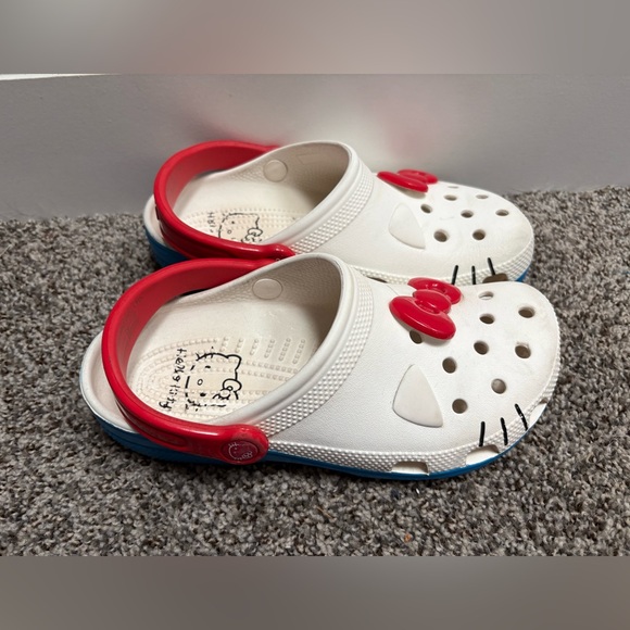 Hello Kitty Shoes - Hello Kitty  Crocs Branded White Waterproof Clogs with Red Bows/Straps Size 6